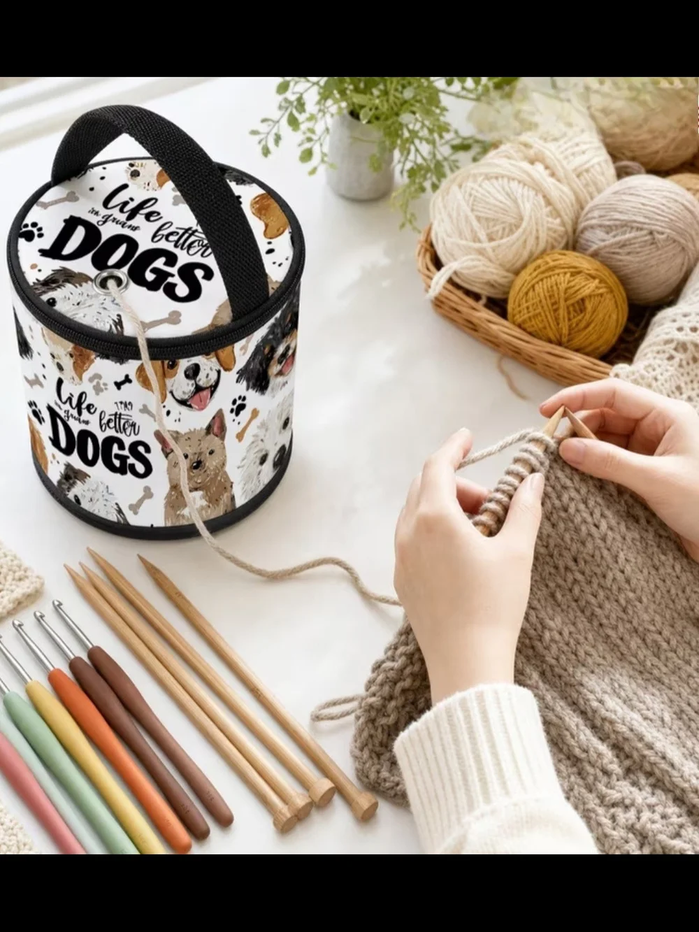 Dogs Pattern Round Crochet Yarn Case - White with Black Trim